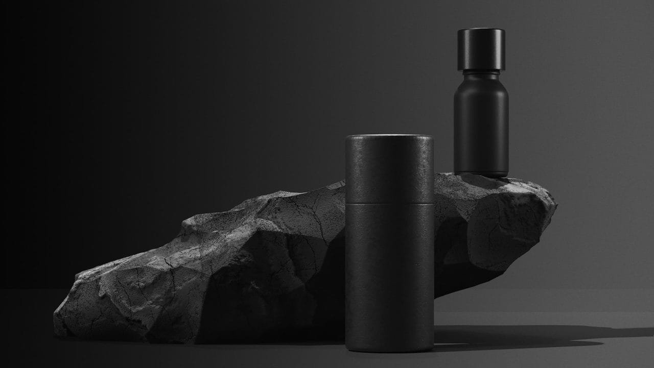 Virtual Assistant 14 Bottle Of Essential Massage Oil On Stone Beauty Treatment Minimal Black Design Packaging Mock Up