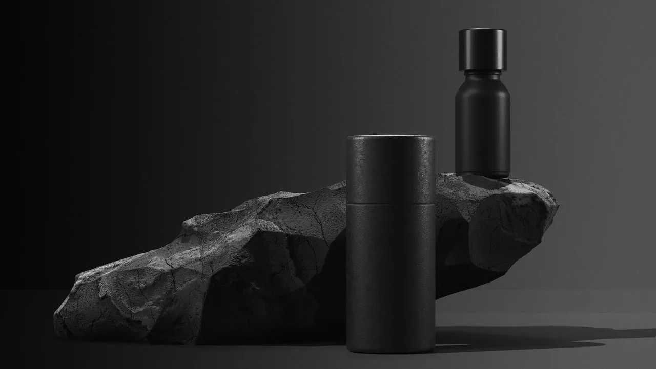 Virtual Assistant 14 Bottle Of Essential Massage Oil On Stone Beauty Treatment Minimal Black Design Packaging Mock Up